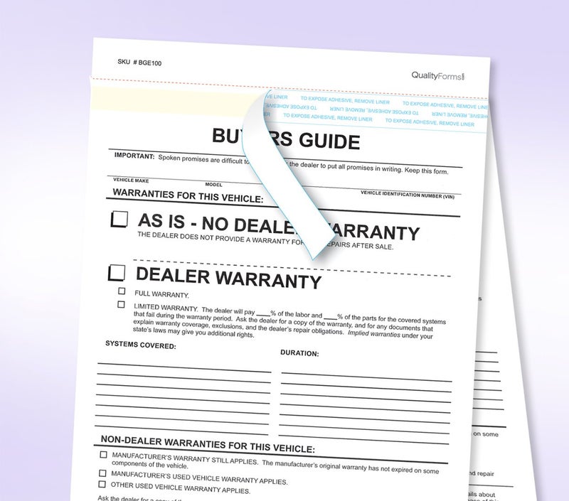 NextDayLabels 2 Part Dealer Buyers Guide Form, English Format - As is - No Dealer Warranty/Dealer Warranty (100) - Image 2
